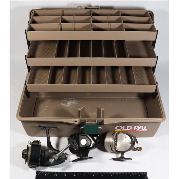 OLD PAL TACKLE BOX WITH THREE VINTAGE