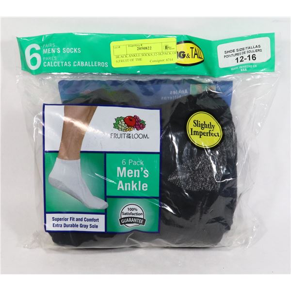 BLACK ANKLE SOCKS,12-16,PACK OF 6,FRUIT OF THE