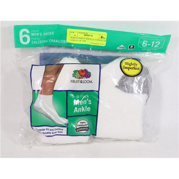 WHITE ANKLE SOCKS,6-12,PACK OF 6,FRUIT OF THE
