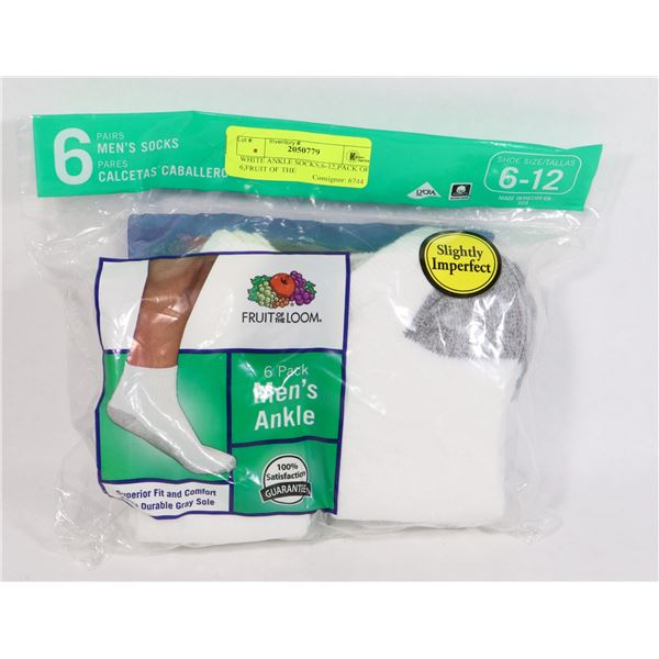 WHITE ANKLE SOCKS,6-12,PACK OF 6,FRUIT OF THE