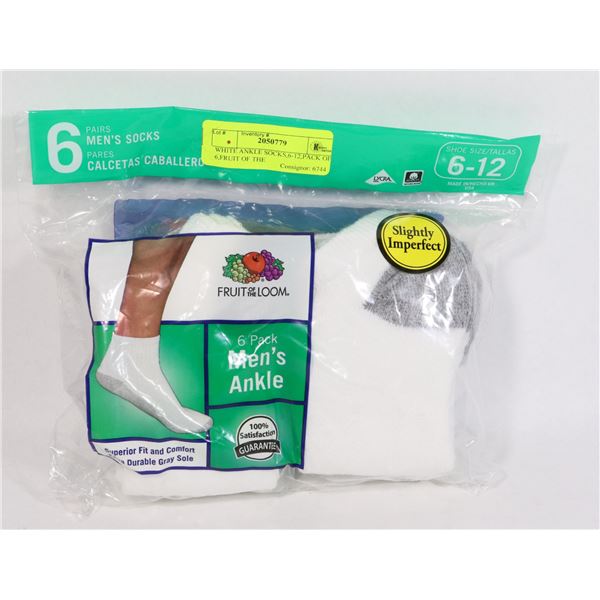 WHITE ANKLE SOCKS,6-12,PACK OF 6,FRUIT OF THE
