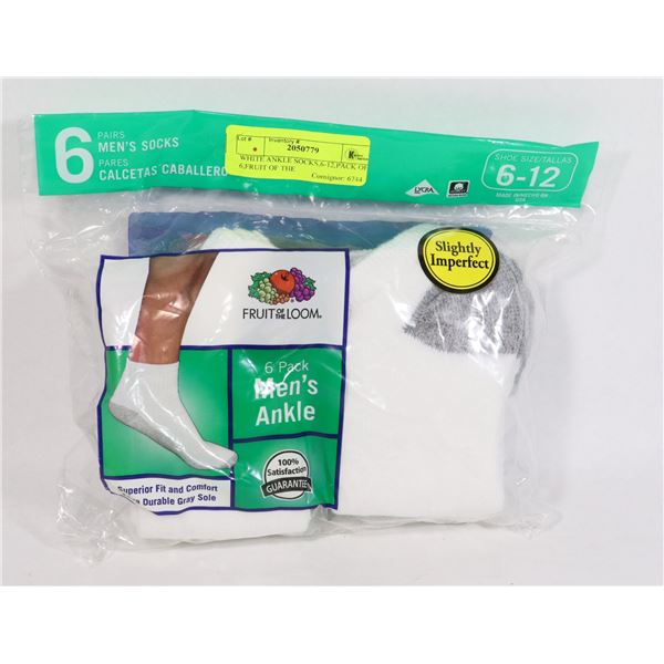 WHITE ANKLE SOCKS,6-12,PACK OF 6,FRUIT OF THE