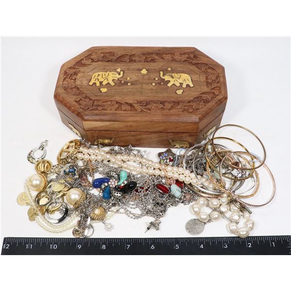 SMALL WOOD JEWELRY BOX WITH GOLD INLAY FULL OF