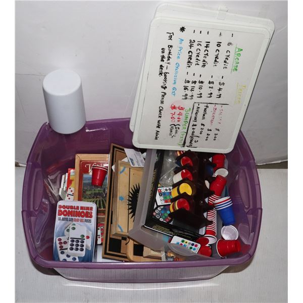 BOX OF ASSORTED GAMES, POKER CHIPS,