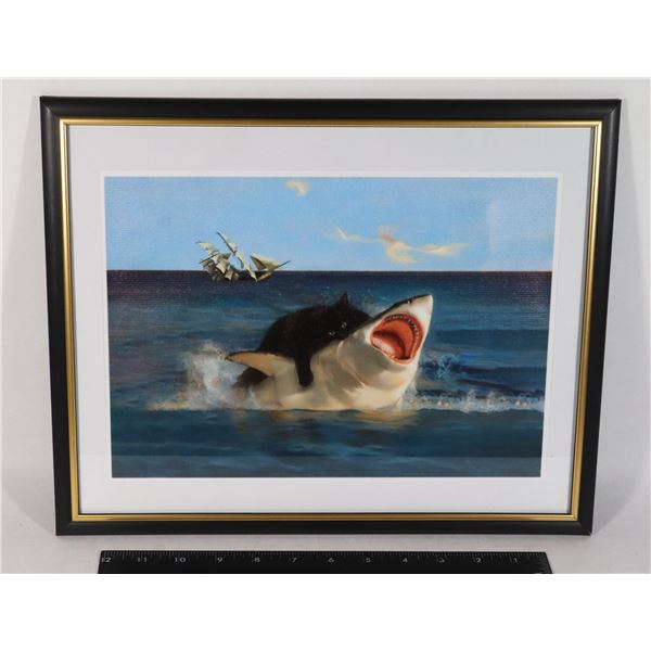 FRAMED CANVAS CAT VS SHARK PICTURE, CAT IS WINNING