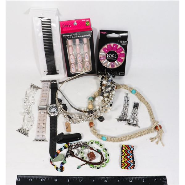 BAG OF FASHION JEWELRY, NAILS AND MORE