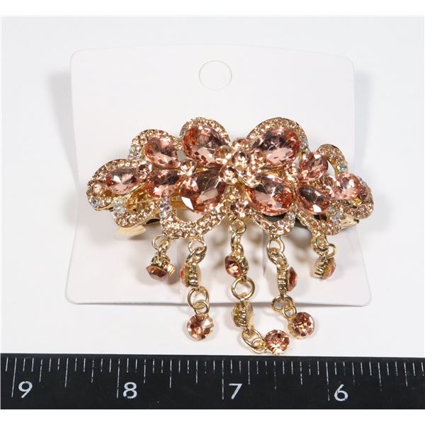 NEW GOLD TONE PEACH RHINESTONE TASSEL FRENCH CLIP
