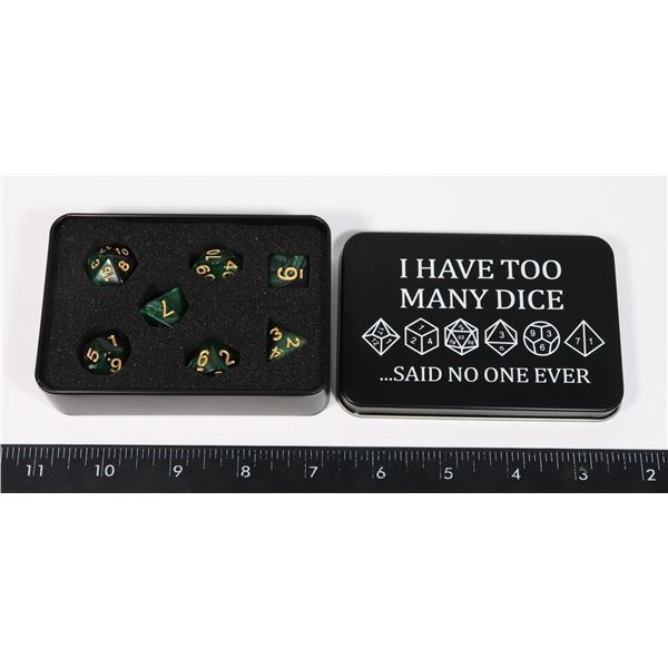 NEW 7PC POLYHEDRAL DICE SET IN METAL STORAGE BOX
