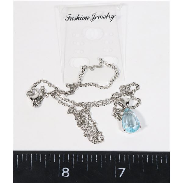 NEW BLUE ZIRCONIA TEAR DROP PENDANT AND CHAIN
