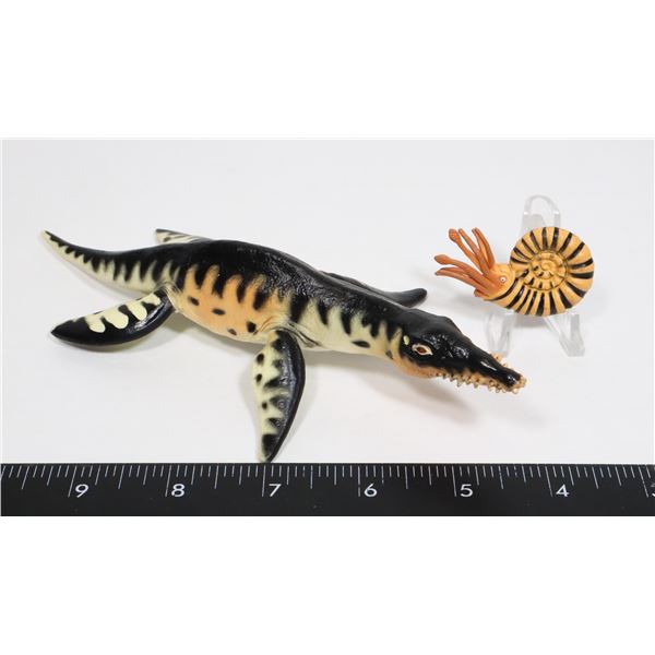 LIOPLEURODON FIGURE WITH AMMONITE FIGURE AND COIN