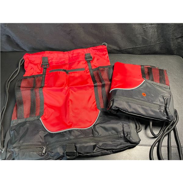2 Heavy-Duty Drawstring Sports Bags - Large 18" x 17" Size - Black/Red - Brand New