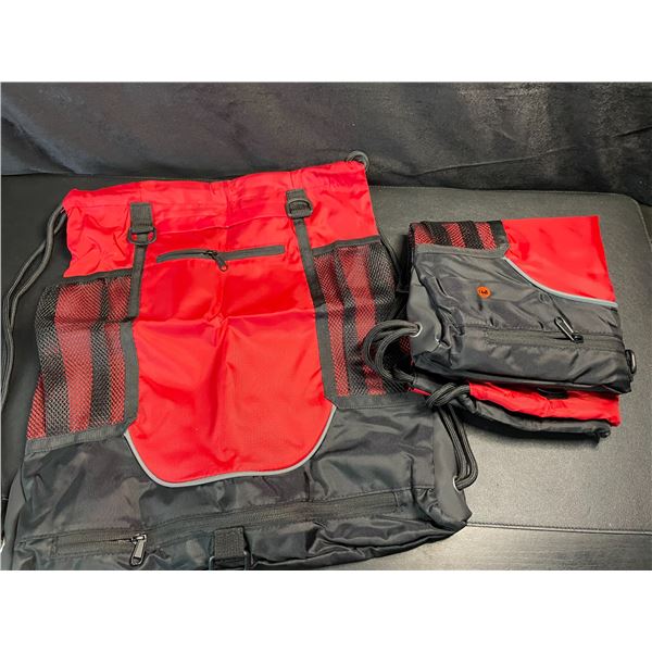 2 Heavy-Duty Drawstring Sports Bags - Large 18" x 17" Size - Black/Red - Brand New