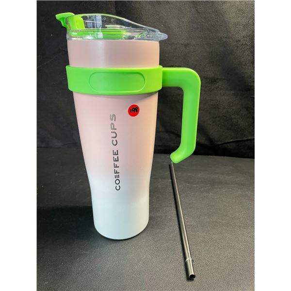 1 Coffee Tumbler Mug with Handle & Straw - Pink/Green - New