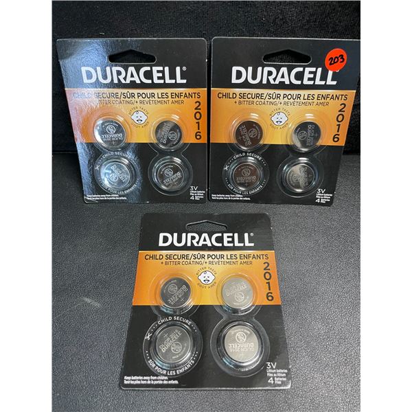 3 Packs of Duracell 2016 3V Lithium Coin Batteries - 4 Per Pack - New Sealed
