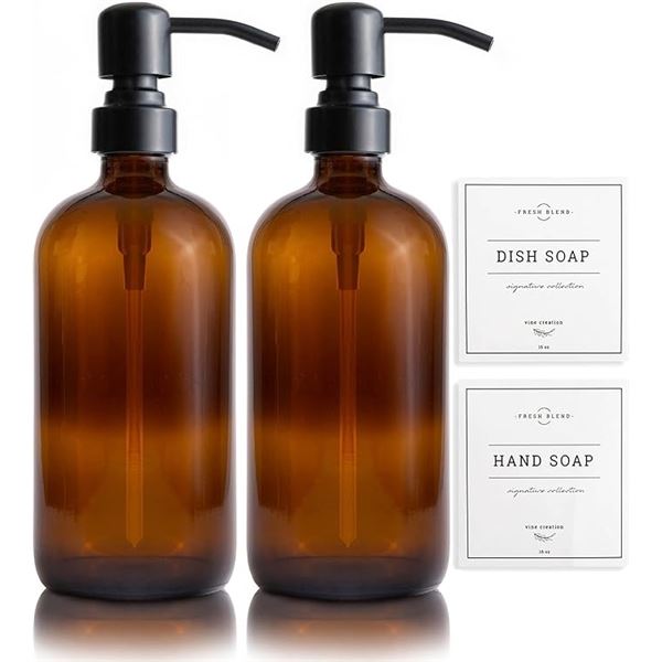 1 Vine Creations Premium Quality Amber Glass Soap Dispenser Set (16oz) w/ Ceramic Tray/Labels - New