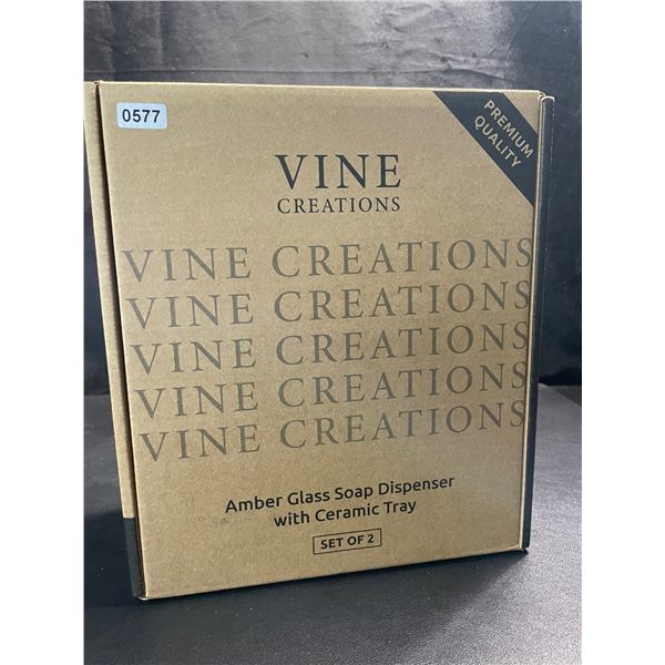1 Vine Creations Premium Quality Amber Glass Soap Dispenser Set (16oz) w/ Ceramic Tray/Labels - New