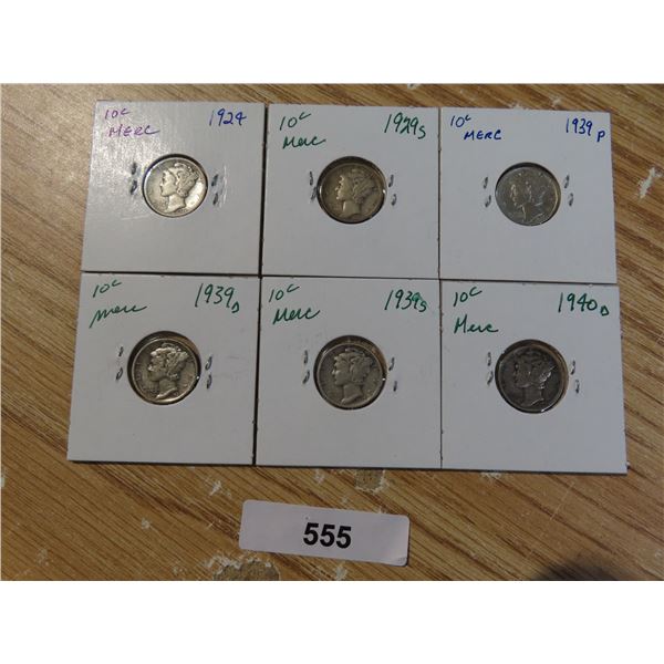 6 - US MERC SILVER 10 CENT 24, 29S,39,39D,39S,40D  VG-VF