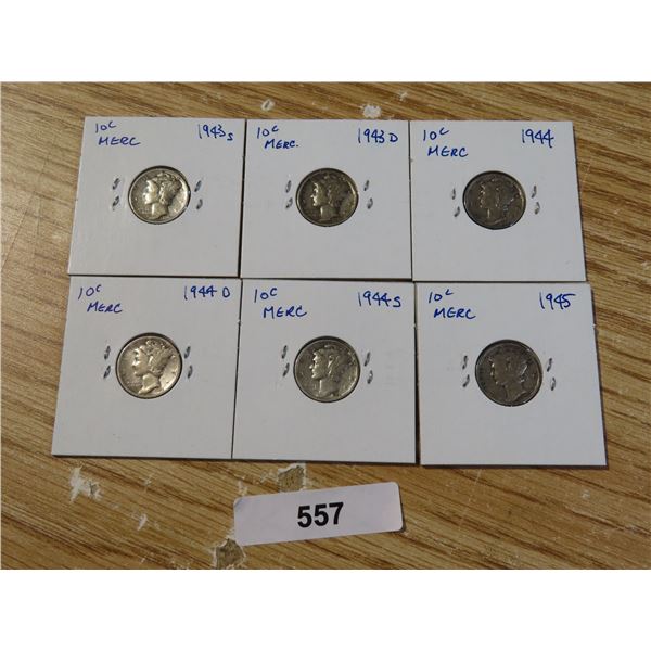 6 - US MERC SILVER 10 CENT 1943S,43D,44,44D,44S,45 F-XF