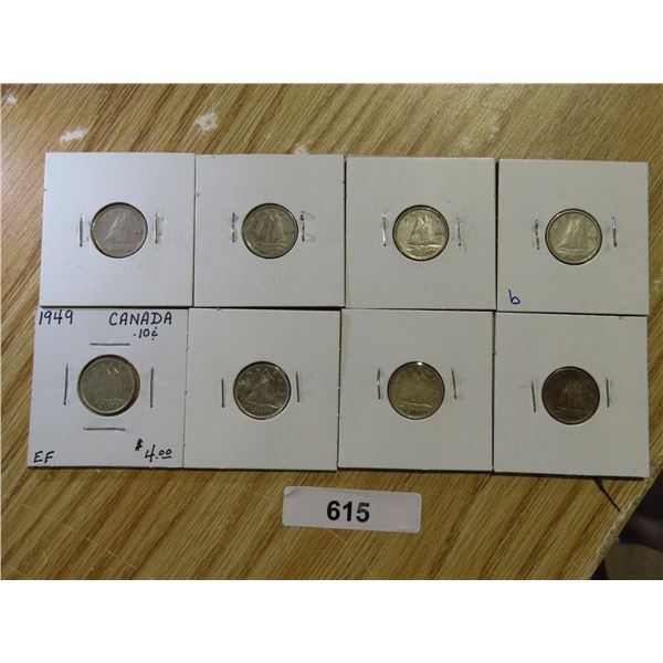 8 - GEO VI SILVER 10 CENT 1943,46,47ML,48,49,50,51,52 F-XF