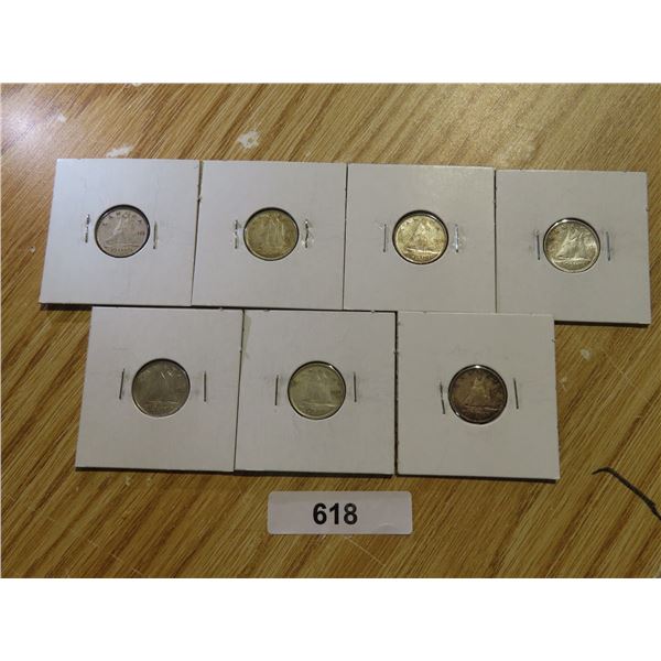7-ELIZ II SILVER 10 CENT 1953SF,53NSF,54,55,56,57,58 VF-AU