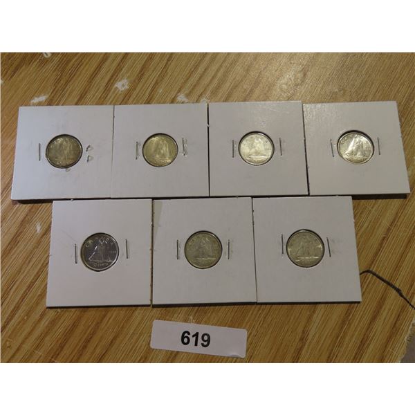 7-ELIZ II SILVER 10 CENT 1959,61,62,63,64,65,66 VF-PRF