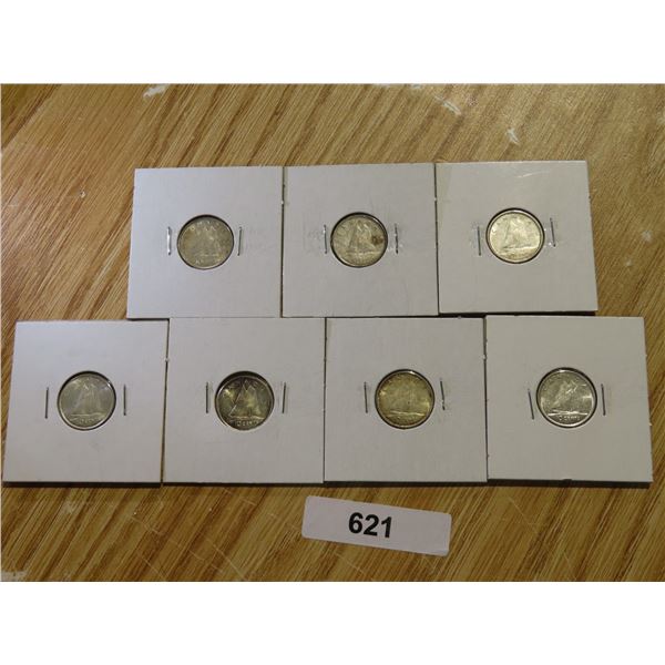 7-ELIZ II SILVER 10 CENT 1953 54,55,58,59,62,63 VF-AU