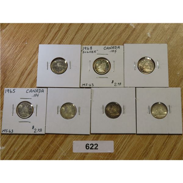 7-ELIZ II SILVER 10 CENT 1962, 2 - 64,65,66,67,68 XF-PRF