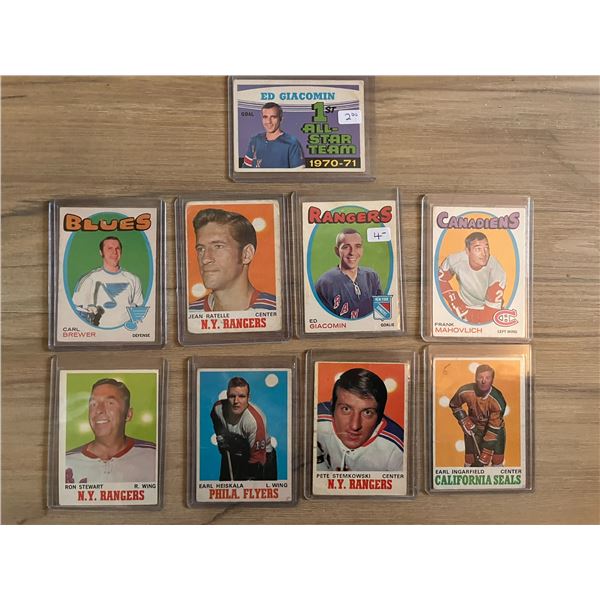 Lot of 9 different O Pee Chee (OPC) Hockey Cards from 1970 to 1971. Giacomin, Brewer, Ratelle, Mahov