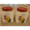 Image 1 : Vintage Tipp City "Sunflower" flour and sugar shakers.  No chips or cracks, vibrant paint.  Lids are