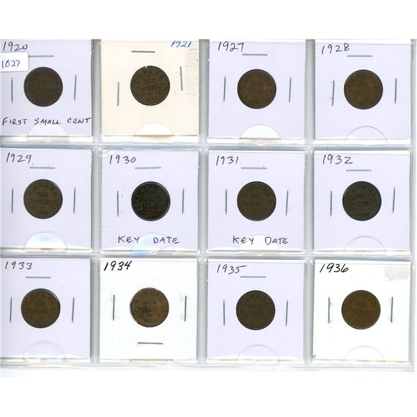 Set of 12 Canadian King George V Small Cents. Dates include 1920, 1921, 1927, 1928, 1929, 1930, 1931