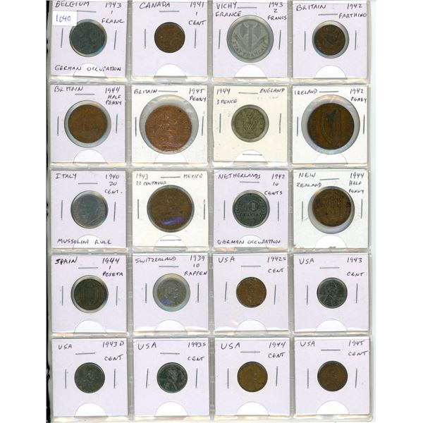 Set of 20 World War II coins from Belgium under German occupation, Canada, Vichy France, Great Brita