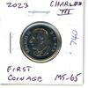 Image 1 : 2023 Canadian King Charles III 25 Cents. The first coinage of the new king. MS-65 Gem from an origin
