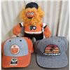 Image 1 : edmonton oiler hat, california hat and gritty mascot plushie