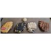 Image 1 : 4 baseball gloves 3 left hand mitts, a right handed mitt and a soft ball