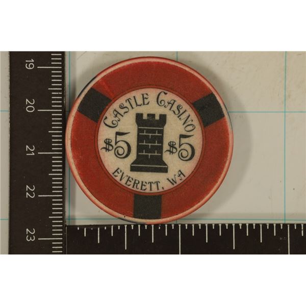 $5 CASTLE CASINO CHIP. EVERETT, WASHINGTON