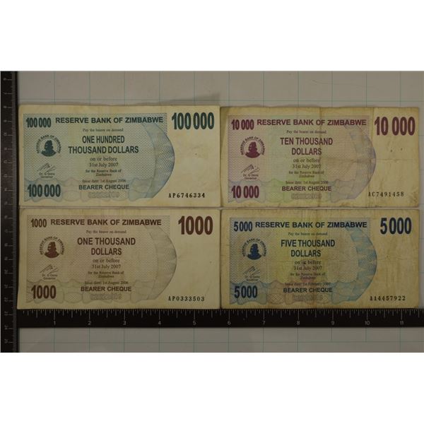 4-ZIMBABWE BILLS: $1000, $5000, $10,000 & $100,000