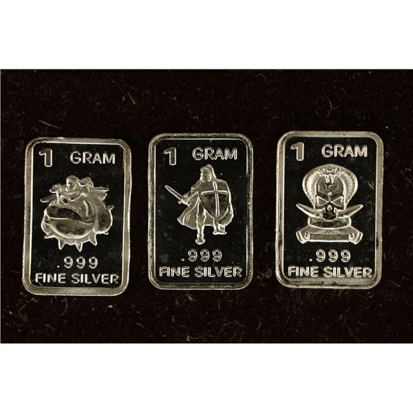3- 1 GRAM .999 FINE SILVER PROOF INGOTS: SKULL,