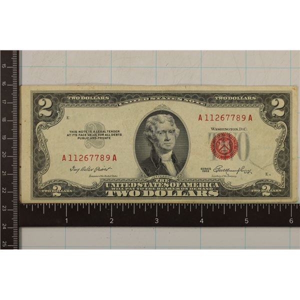 BIRTHDAY NOTE 1953 US $2 RED SEAL NOTE A11267789A
