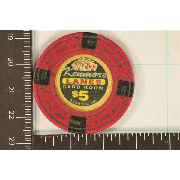 $5 KENMORE LANES CASINO CHIP. KENMORE, WASHINGTON