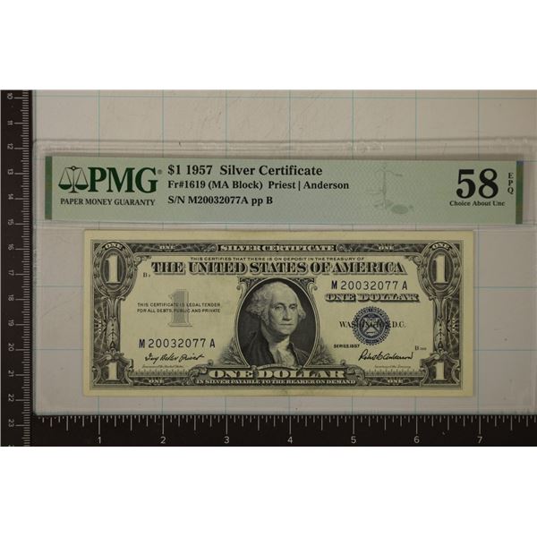 1957 US $1 SILVER CERTIFICATE BLUE SEAL PMG 58