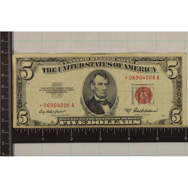 1953-A US $5 RED SEAL STAR NOTE