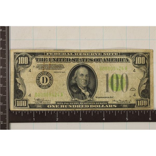 1934 US $100 FRN, GREEN SEAL.  INK ON REVERSE