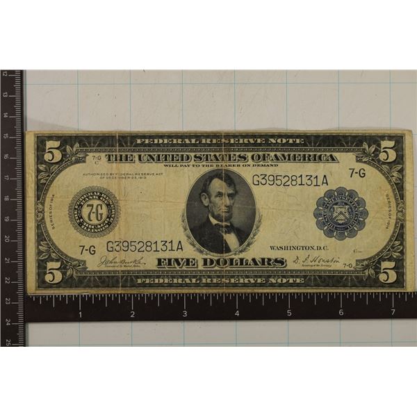 SERIES 1914 US $5 FRN, BLUE SEAL "HORSE BLANKET"