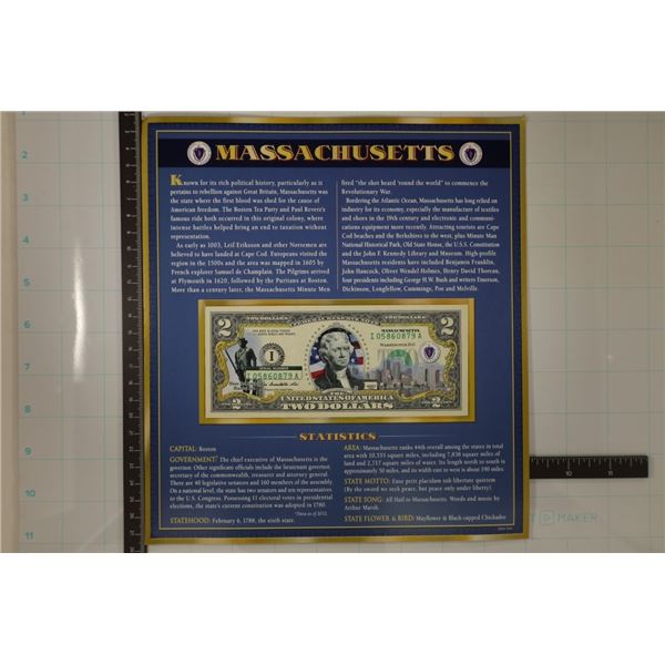 2013 US $2 FRN COLORIZED WITH MASSACHUSETTS