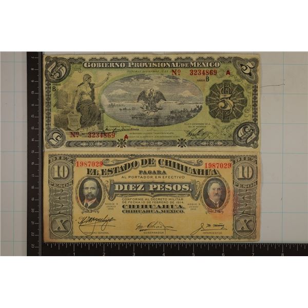 2 MEXICO BILLS: 1914-5 PESO & 1915 CHIHUAHUA 10