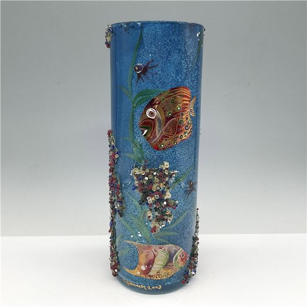 Art Glass Cylinder Aquatic Vase, Signed C. Hommer