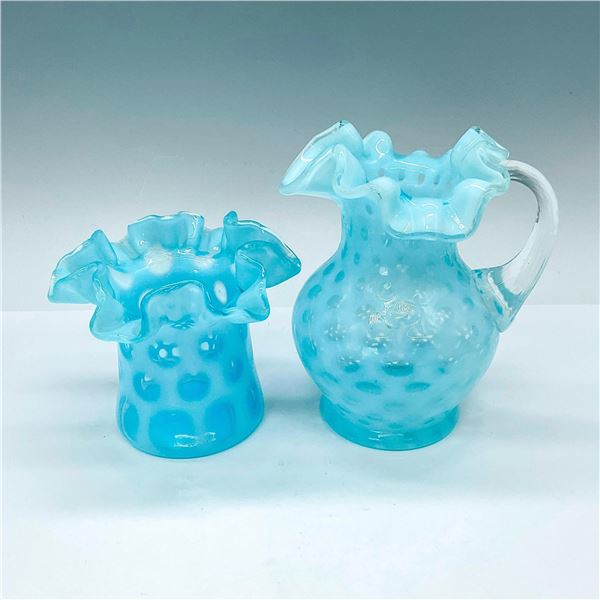 2pc Fenton Glass Grouping, Blue Coindot w/Crimped Edge