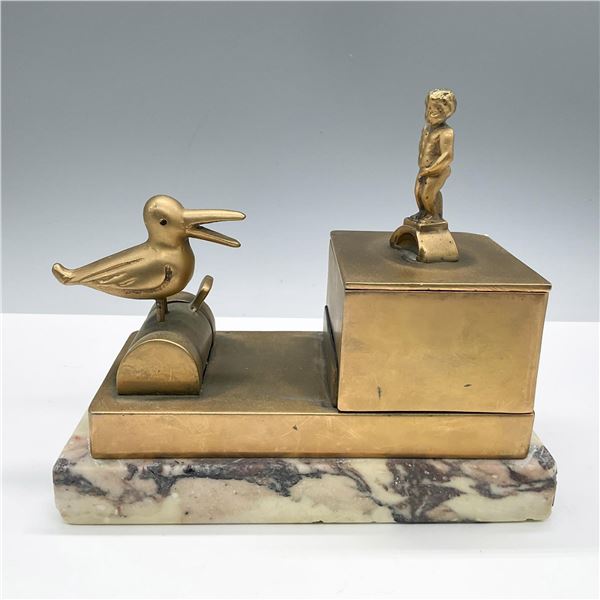 Art Deco Brass Bird Cigarette Dispenser Box on Marble