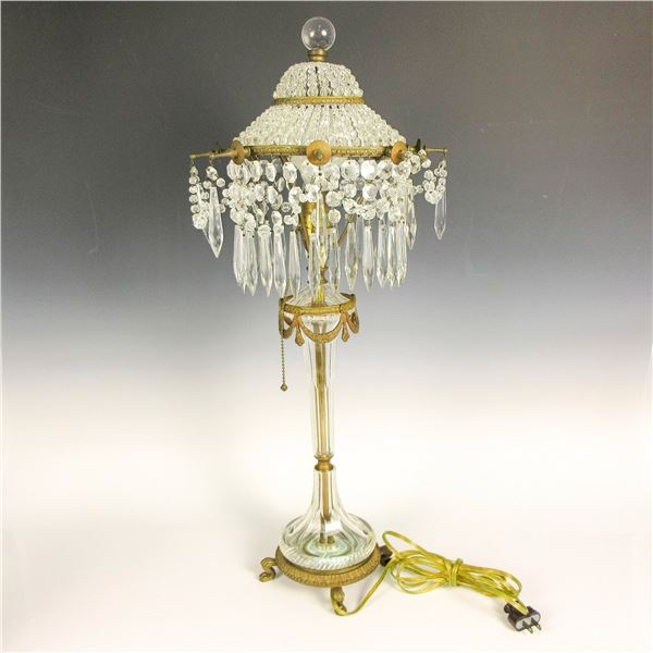 Vintage Crystal Fringe and Bronze Table Lamp