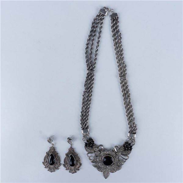 Fabulous Sterling, Onyx, Marcasite Necklace & Earrings Set